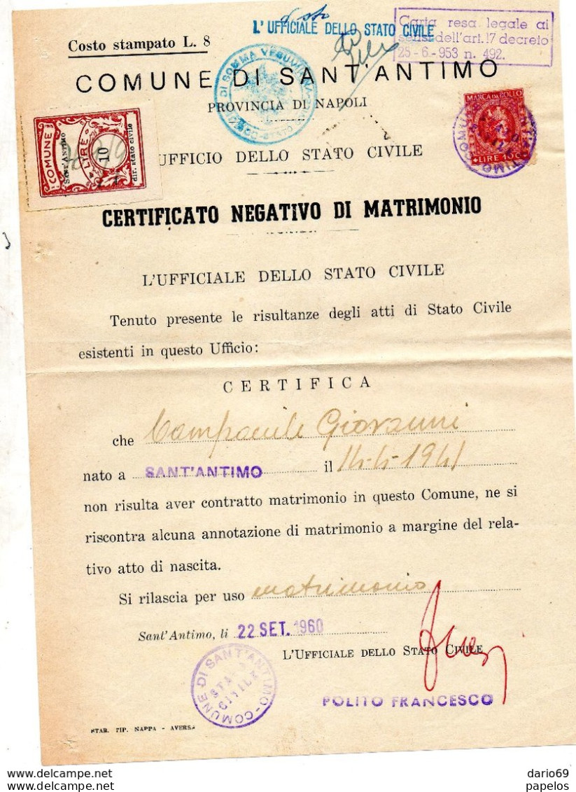 1960   CERTIFICATO CON MARCHE COMUNALI SANT' ANTIMO   NAPOLI - Erinnophilie