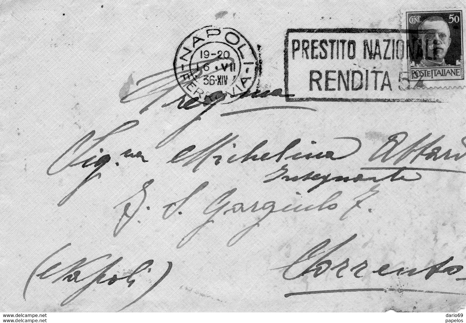 1936  LETTERA CON ANNULLO NAPOLI  + TARGHETTA - Marcofilía