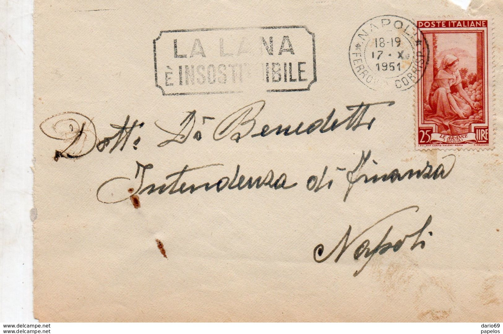 1951  LETTERA CON ANNULLO NAPOLI + TARGHETTA LA LANA - 1946-60: Storia Postale