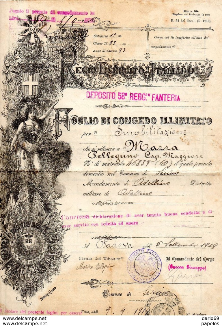 1919 FOGLIO DI CONCEDO ILLIMITATO - Documentos