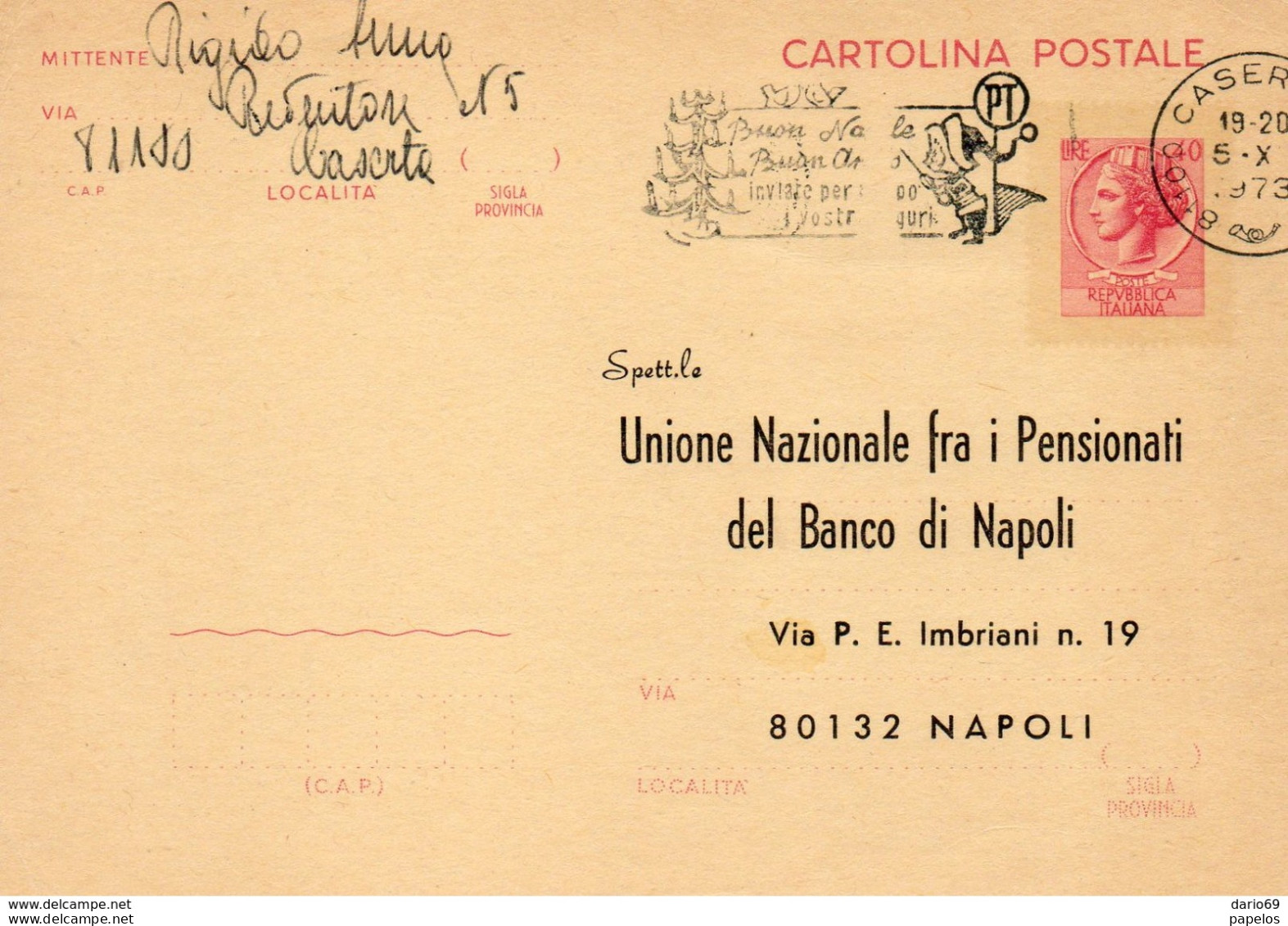 1973  CARTOLINA CON ANNULLO  CASERTA   + TARGHETTA - Entiers Postaux