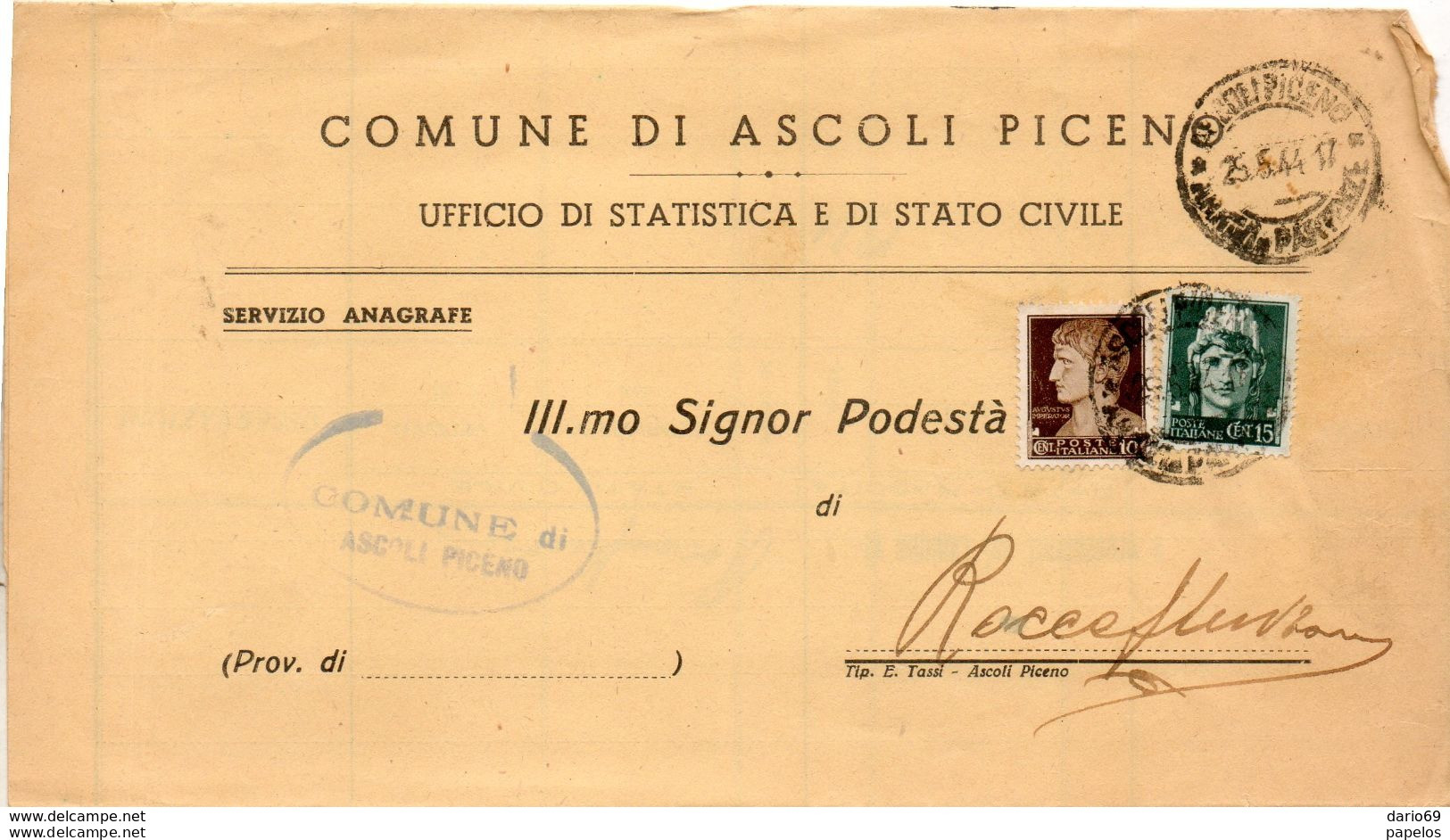 1944  LETTERA CON ANNULLO  ASCOLI PICENO - Marcophilie
