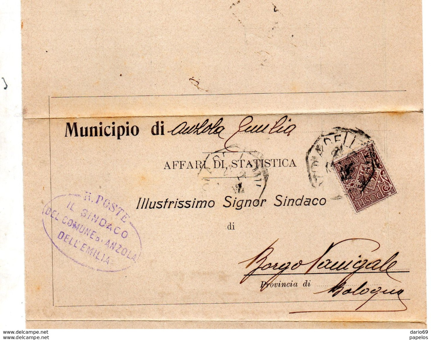 1912  LETTERA CON ANNULLO  ANZOLA  DELL'EMILIA BOLOGNA - Marcophilie