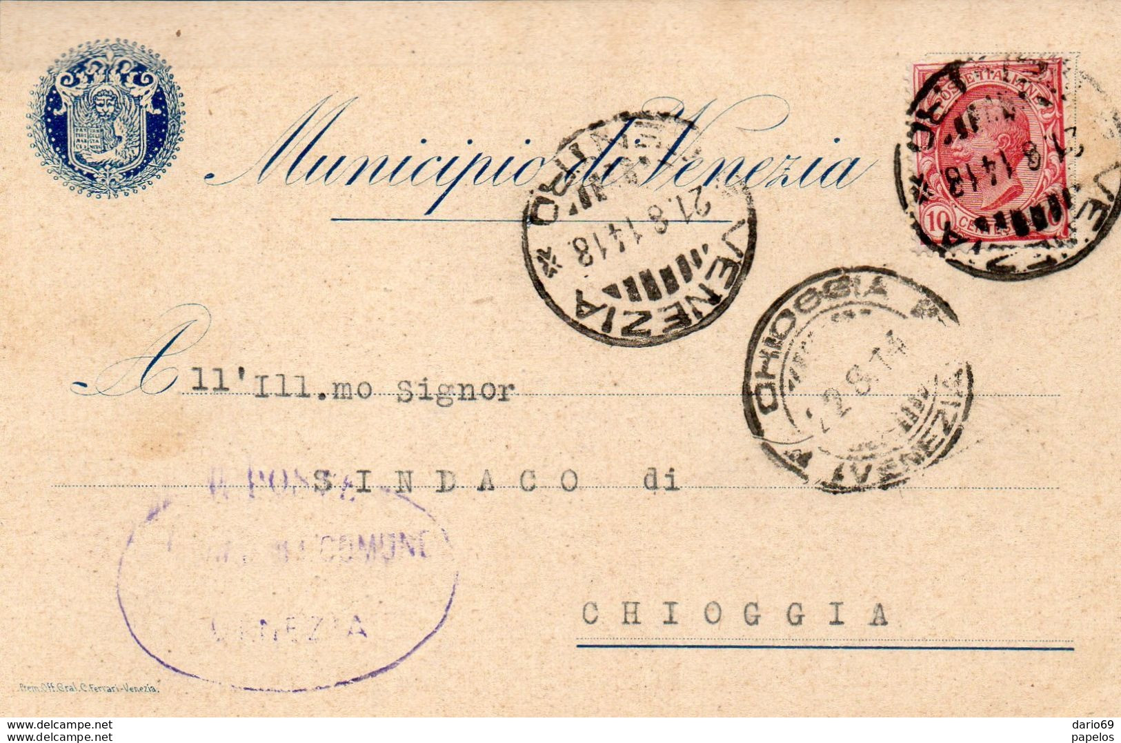 1914 CARTOLINA CON ANNULLO VENEZIA + CHIOGGIA - Marcophilie