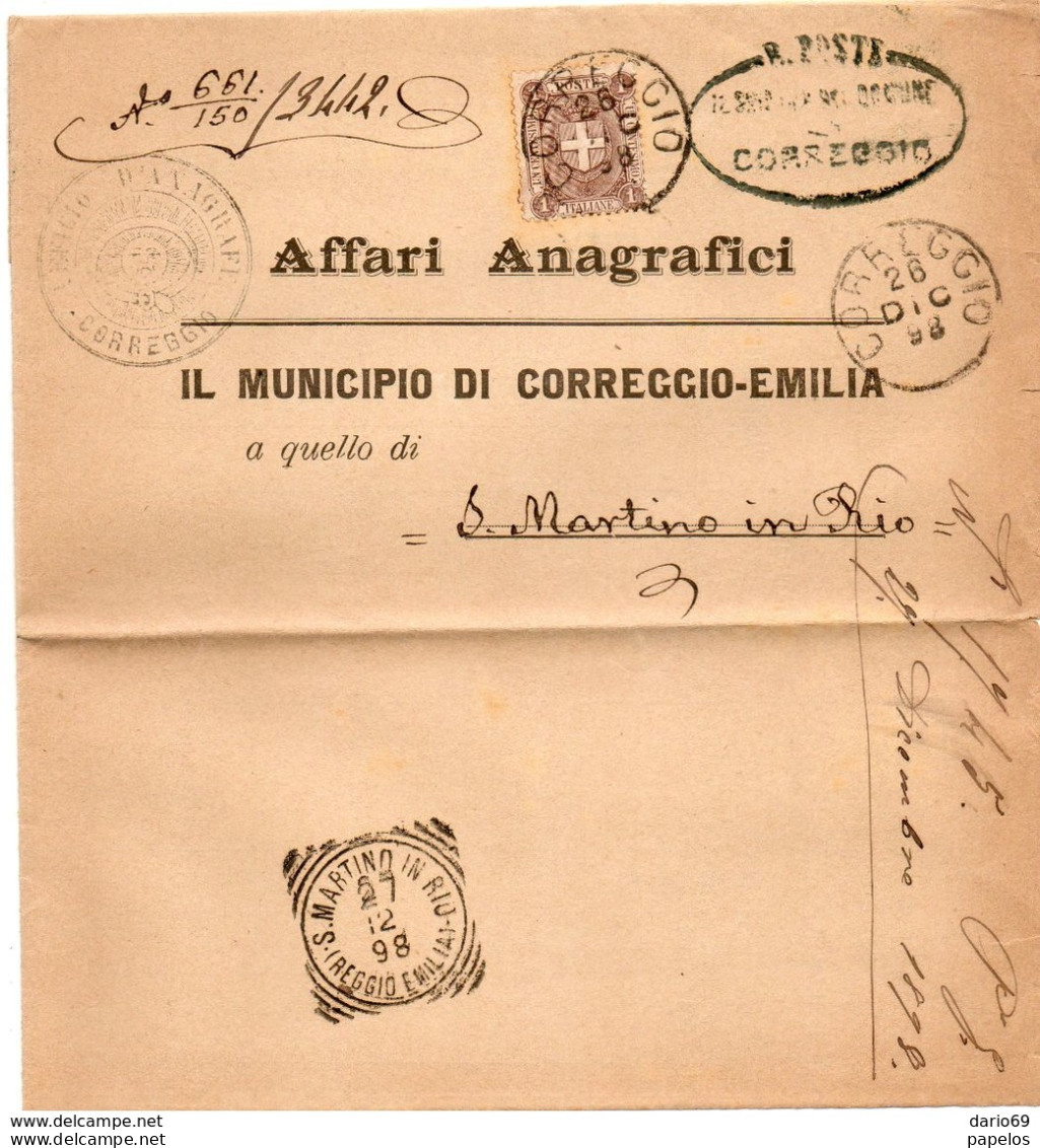 1898  LETTERA CON ANNULLO  CORREGGIO + S. MARTINO IN RIO - Marcophilie