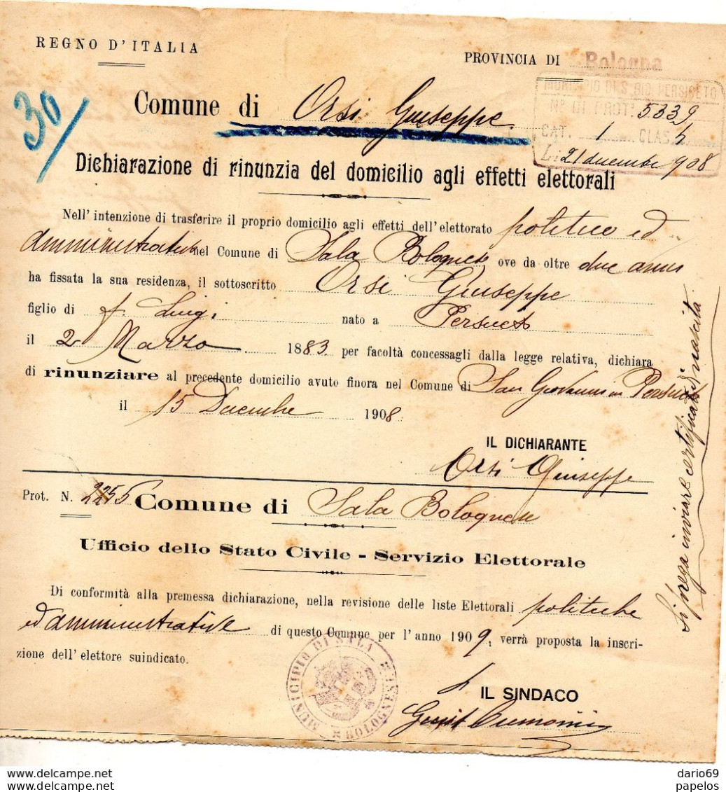 1908   LETTERA CON ANNULLO  SALA  BOLOGNESE - Marcophilia