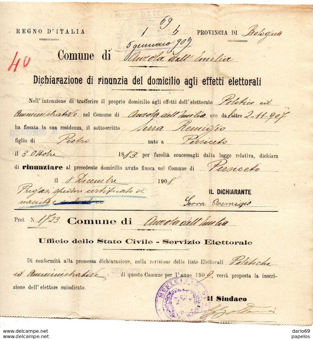 1909  LETTERA CON ANNULLO  ANZOLA  DELL'EMILIA - Marcophilia