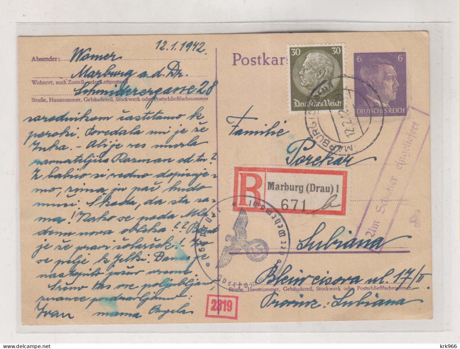 SLOVENIA  GERMANY  WW II 1942 MARIBOR MARBURG Registered Censored Postal Stationery To Ljubljana Italy - Slowenien