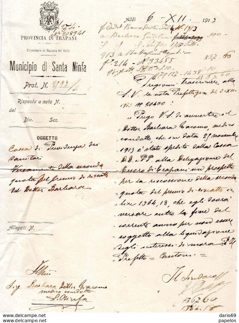 1913 LETTERA CON ANNULLO SANTA NINFA TRAPANI - Marcophilie