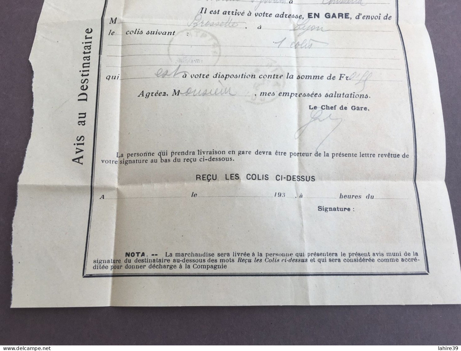 Avis Au Destinataire / Timbré / Chemins De Fer Vicinaux / Arinthod / Jura / 1931 - 1900 – 1949