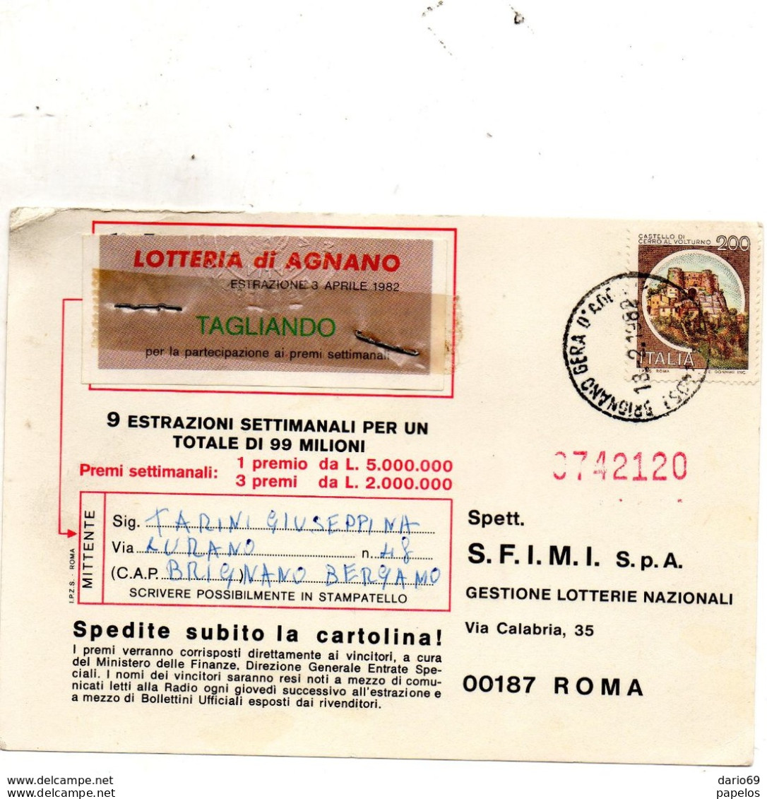 1982 CARTOLINA LOTTERIA DI AGNANO CON ANNULLO  BRIGNANO BERGAMO - 1981-90: Poststempel