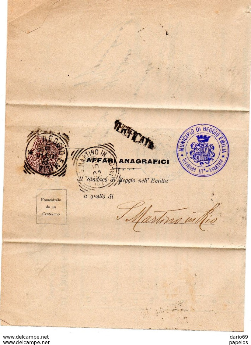 1902   LETTERA CON ANNULLO  S. MARTINO IN RIO + REGGIO EMILIA - Marcophilia