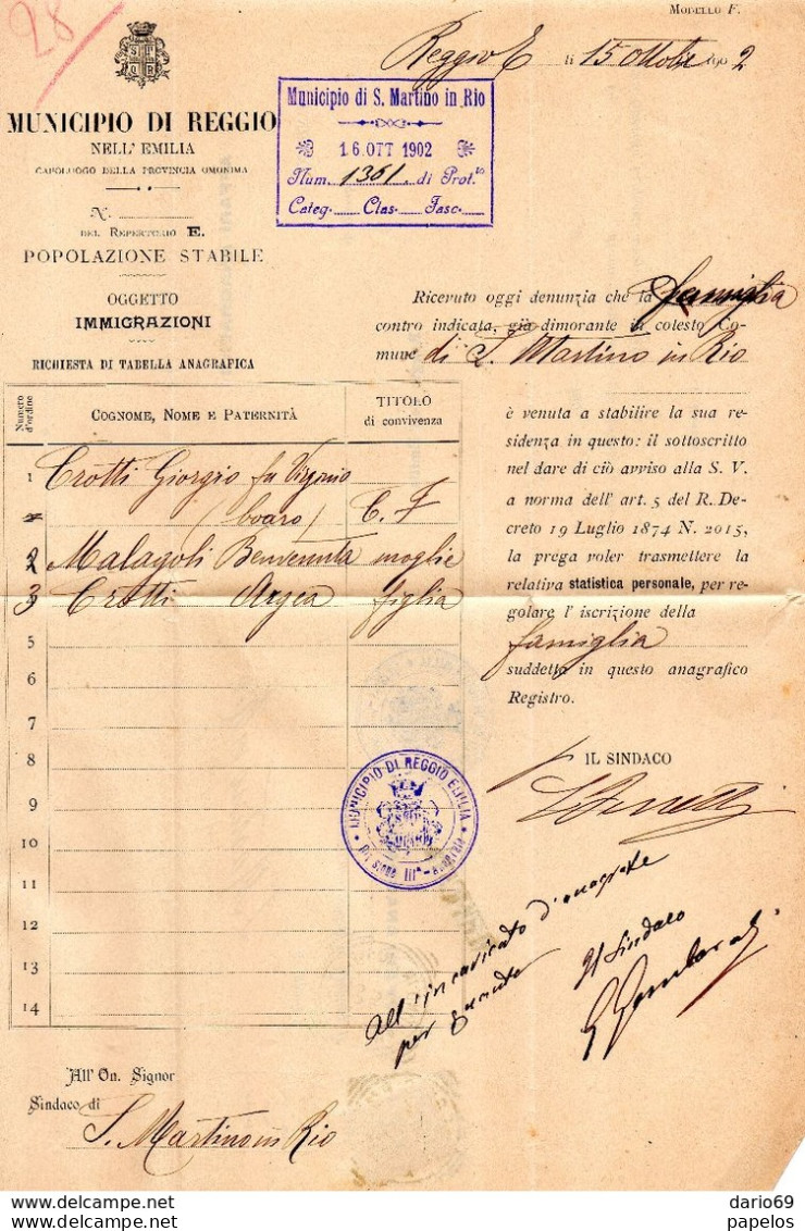 1902   LETTERA CON ANNULLO  S. MARTINO IN RIO + REGGIO EMILIA - Marcophilie