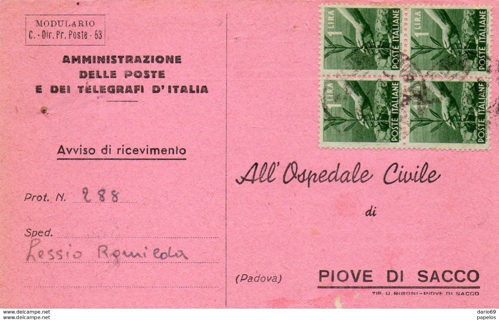 RICEVUTA DI RITORNO - 1946-60: Marcophilia