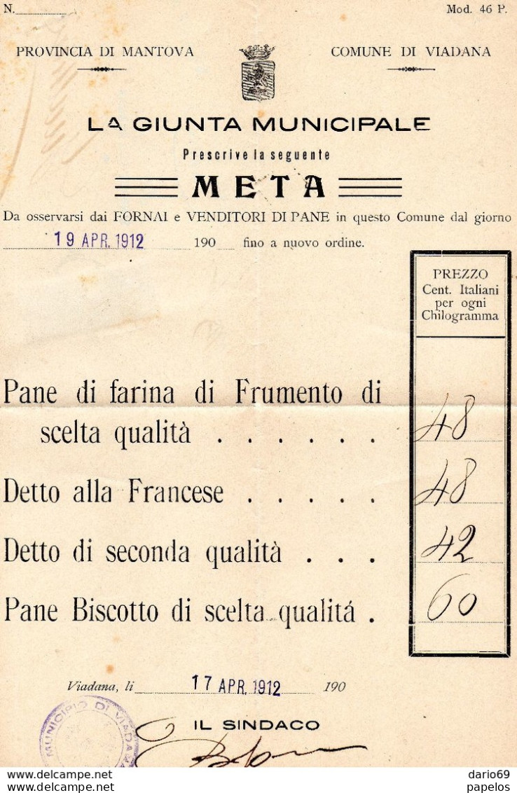 1912  LETTERA CON ANNULLO  VIADANA MANTOVA , PREZZO DEL PANE - Marcophilia