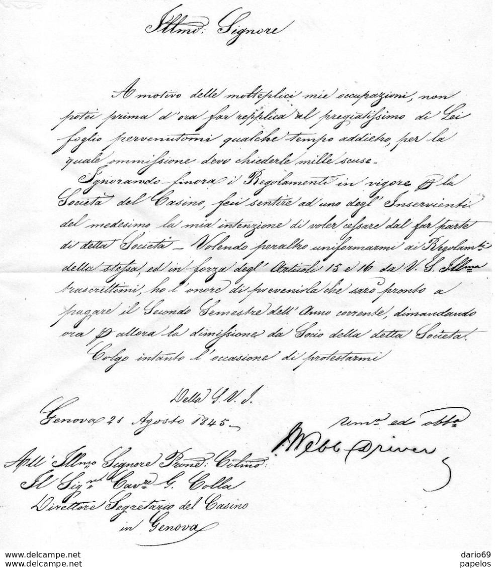 1845 LETTERA   GENOVA - Manoscritti