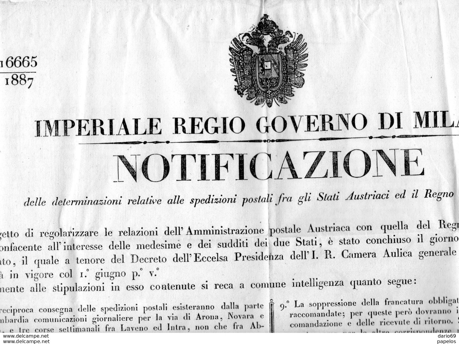 1844 MANIFESTO MILANO  TARIFFE SPEDIZIONI POSTALI FRA GLI STATI AUSTRIACI ED IL REGNO - Afiches