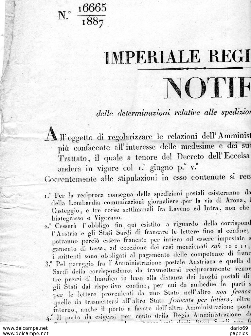 1844 MANIFESTO MILANO  TARIFFE SPEDIZIONI POSTALI FRA GLI STATI AUSTRIACI ED IL REGNO - Plakate