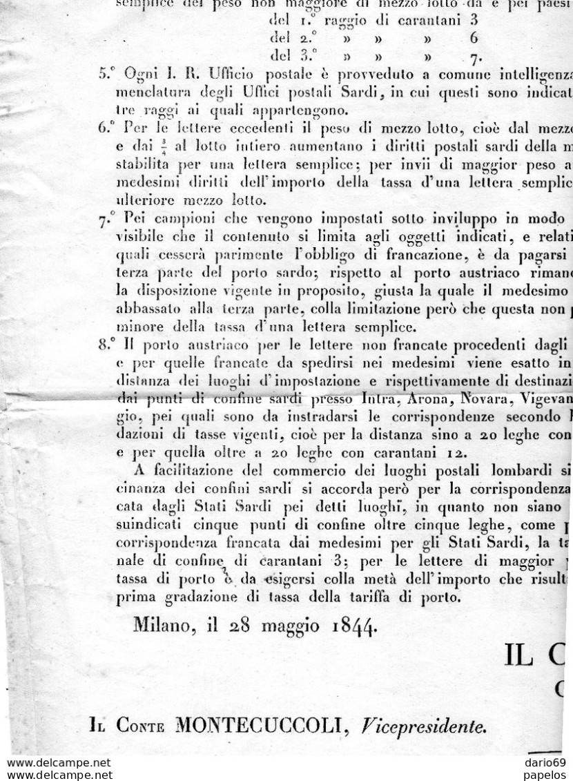 1844 MANIFESTO MILANO  TARIFFE SPEDIZIONI POSTALI FRA GLI STATI AUSTRIACI ED IL REGNO - Plakate