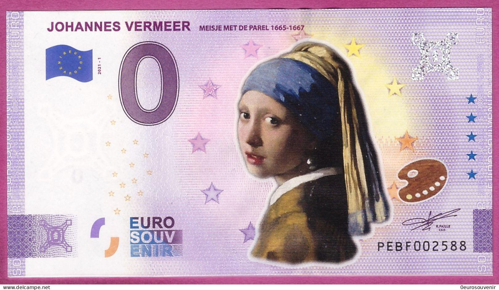 0-Euro PEBF 2021-1 COLOR JOHANNES VERMEER - MEISJE MET DE PAREL - FARBDRUCK - Privéproeven