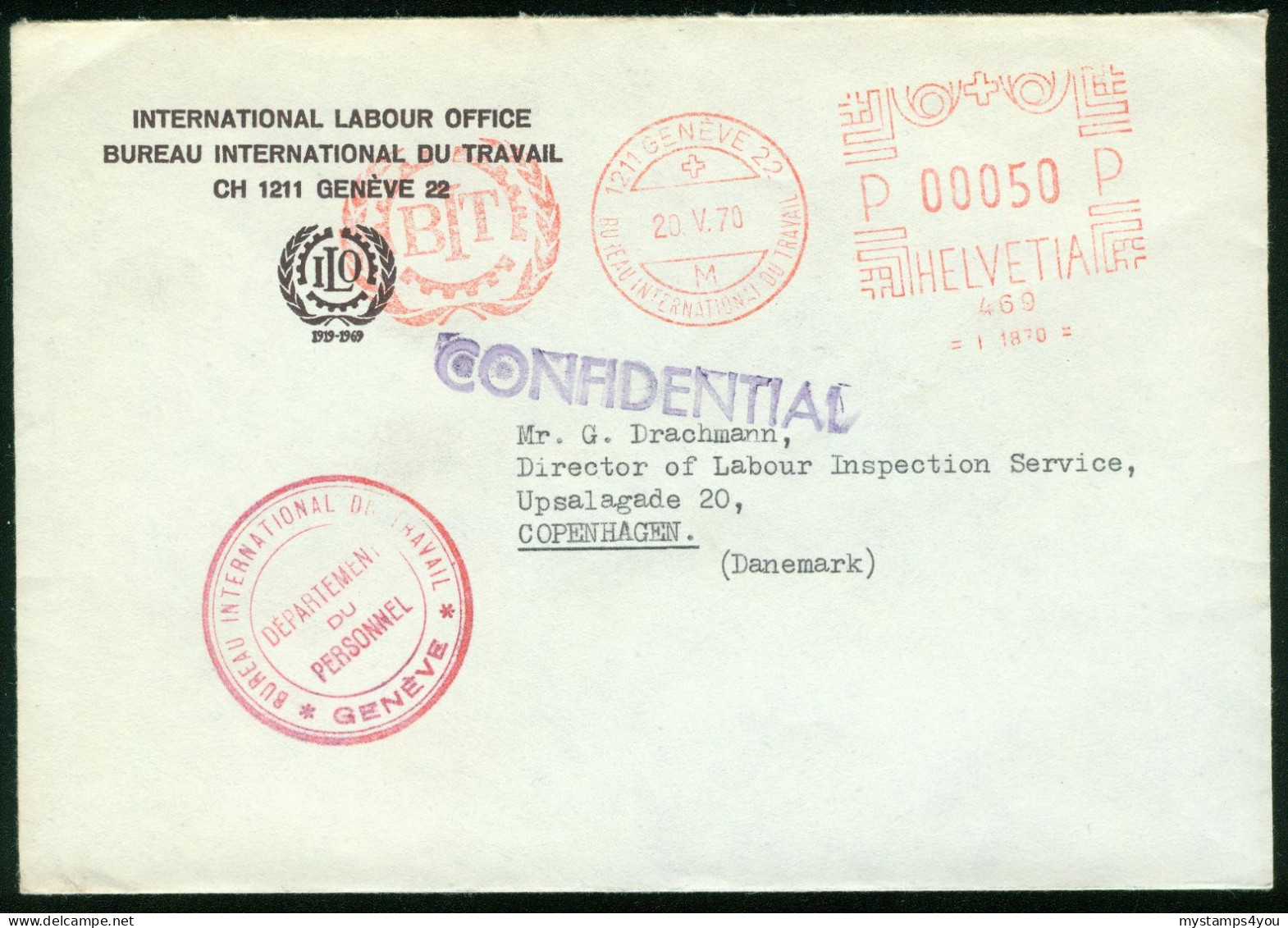 Br Switzerland, Geneve 22 (ILO) 1970 Official Cover > Denmark (meter Cancel International Labour Office) #bel-1050 - Storia Postale