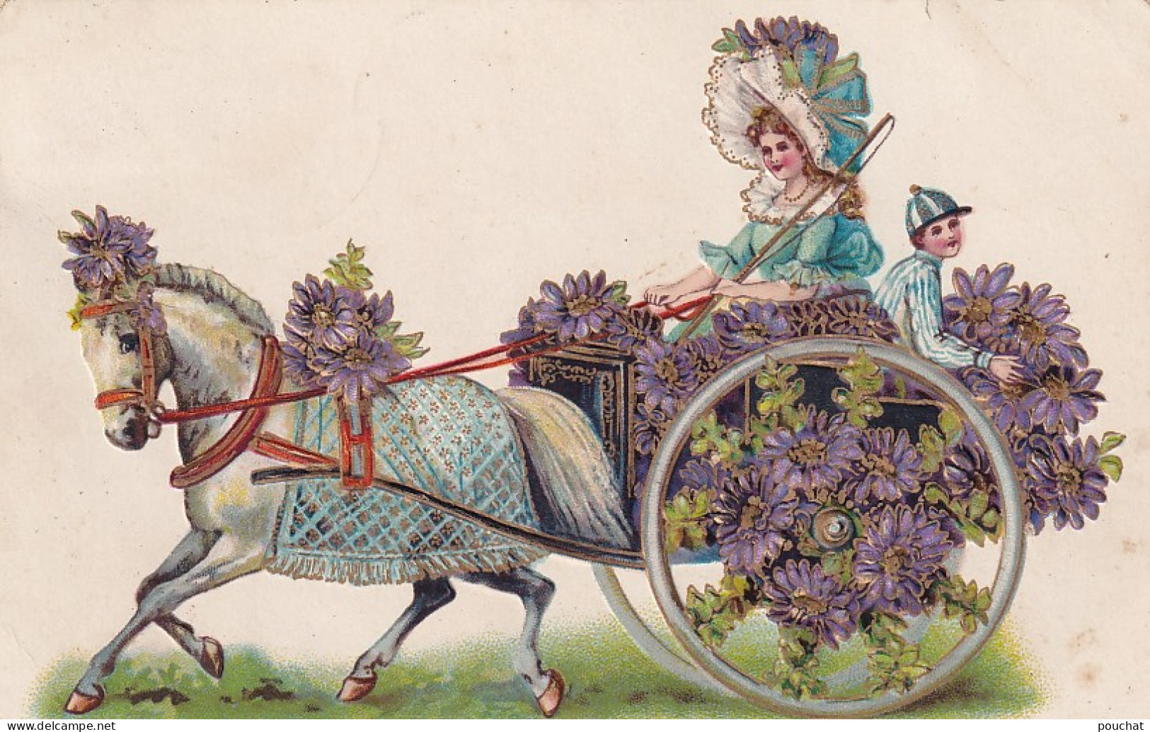 AA+ 126- CARTE FANTAISIE GAUFREE - CARRIOLE A CHEVAL AVEC VIOLETTES - Other & Unclassified