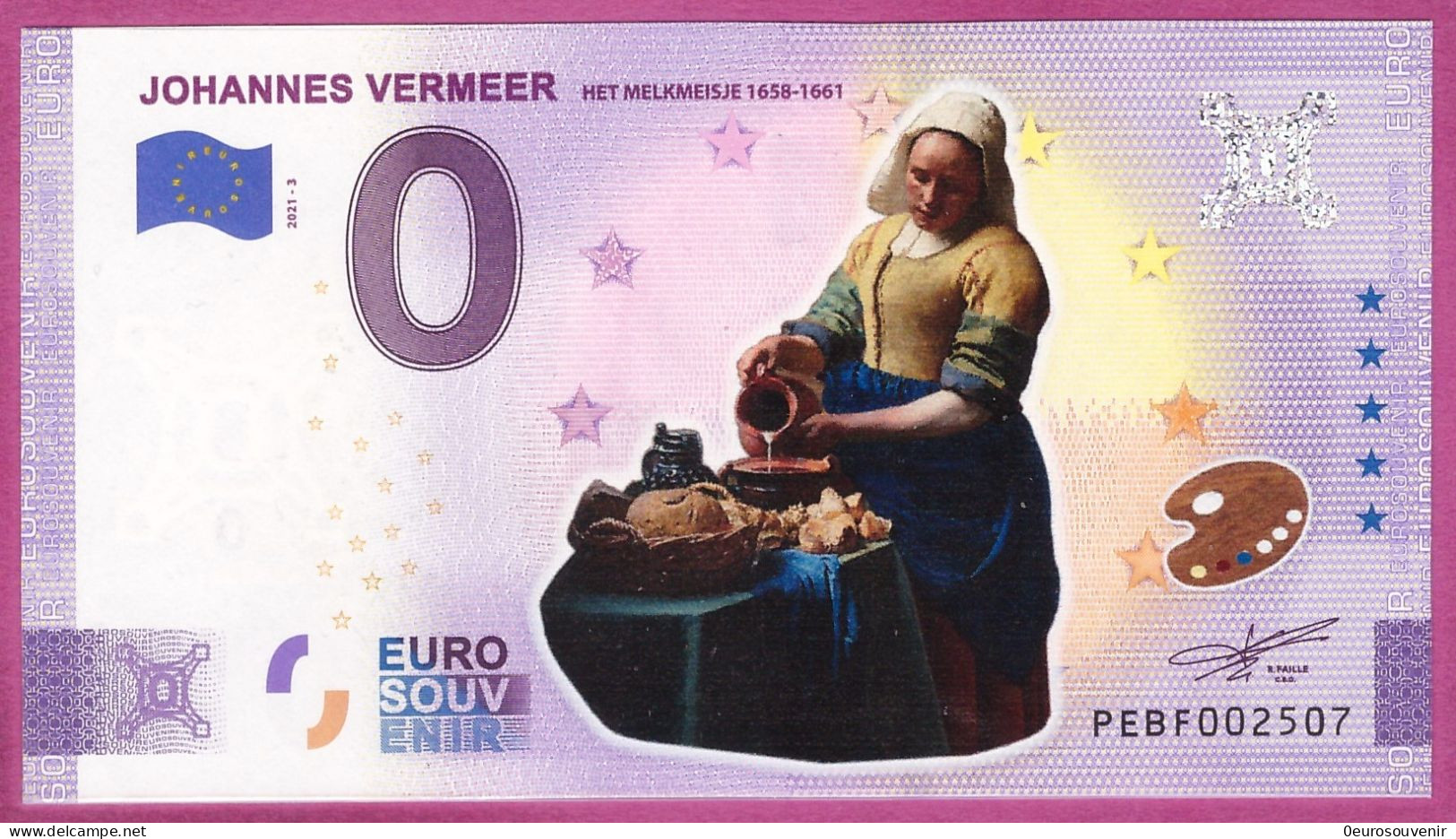 0-Euro PEBF 2021-3 COLOR JOHANNES VERMEER - HET MELKMEISJE - FARBDRUCK - Essais Privés / Non-officiels