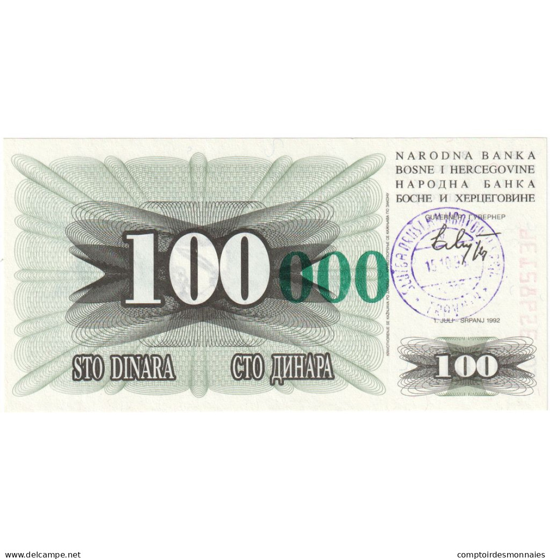 Bosnie-Herzégovine, 100,000 Dinara, 1992, 1992-07-01, KM:56a, NEUF - Bosnia Erzegovina