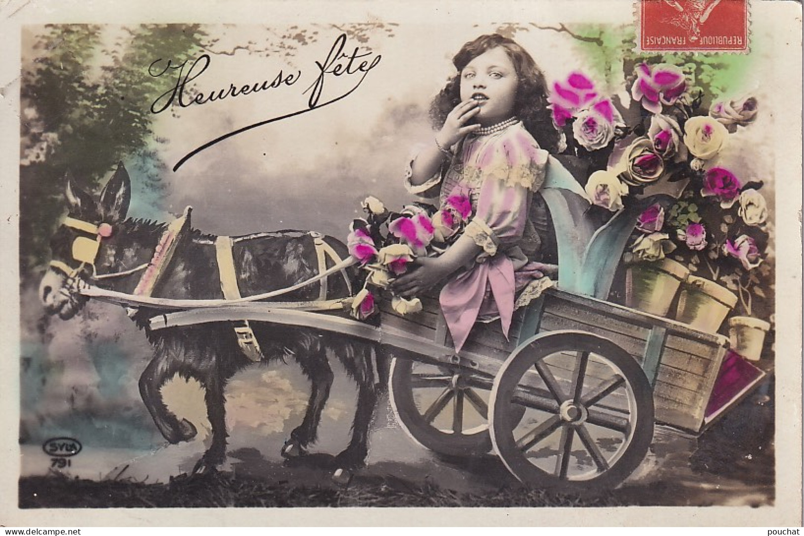 AA+ 129- " HEUREUSE FETE " - FILLETTE ET CARRIOLE AVEC FLEURS - ATTELAGE AVEC ANE - Other & Unclassified