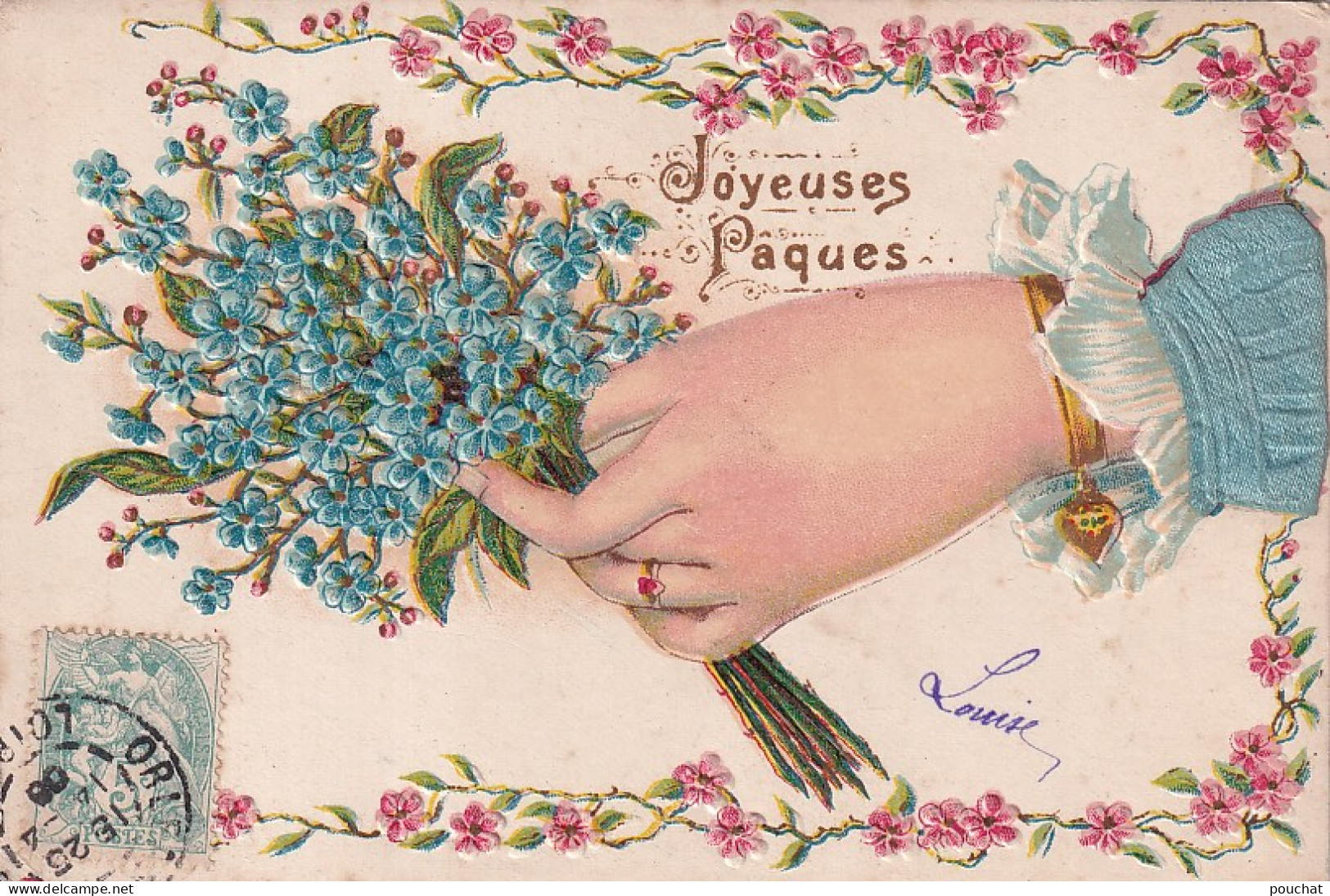 AA+ 129- " JOYEUSES PAQUES " - MAIN DE FEMME AVEC BOUQUET MYOSOTIS - CARTE GAUFREE - Pâques