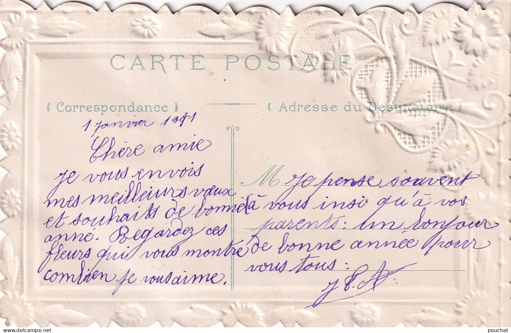 AA+ 129- " BONNE ANNEE " - CARTE FANTAISIE GAUFREE AVEC AJOUT CHROMOS FLEURS ROSES , VIOLETTES ET COLOMBES - New Year