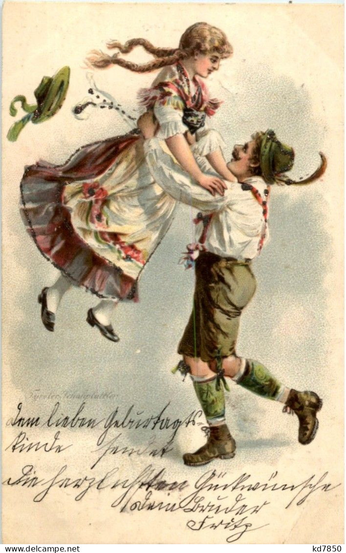 Tiroler Schuhplattler - Prägekarte - Costumes