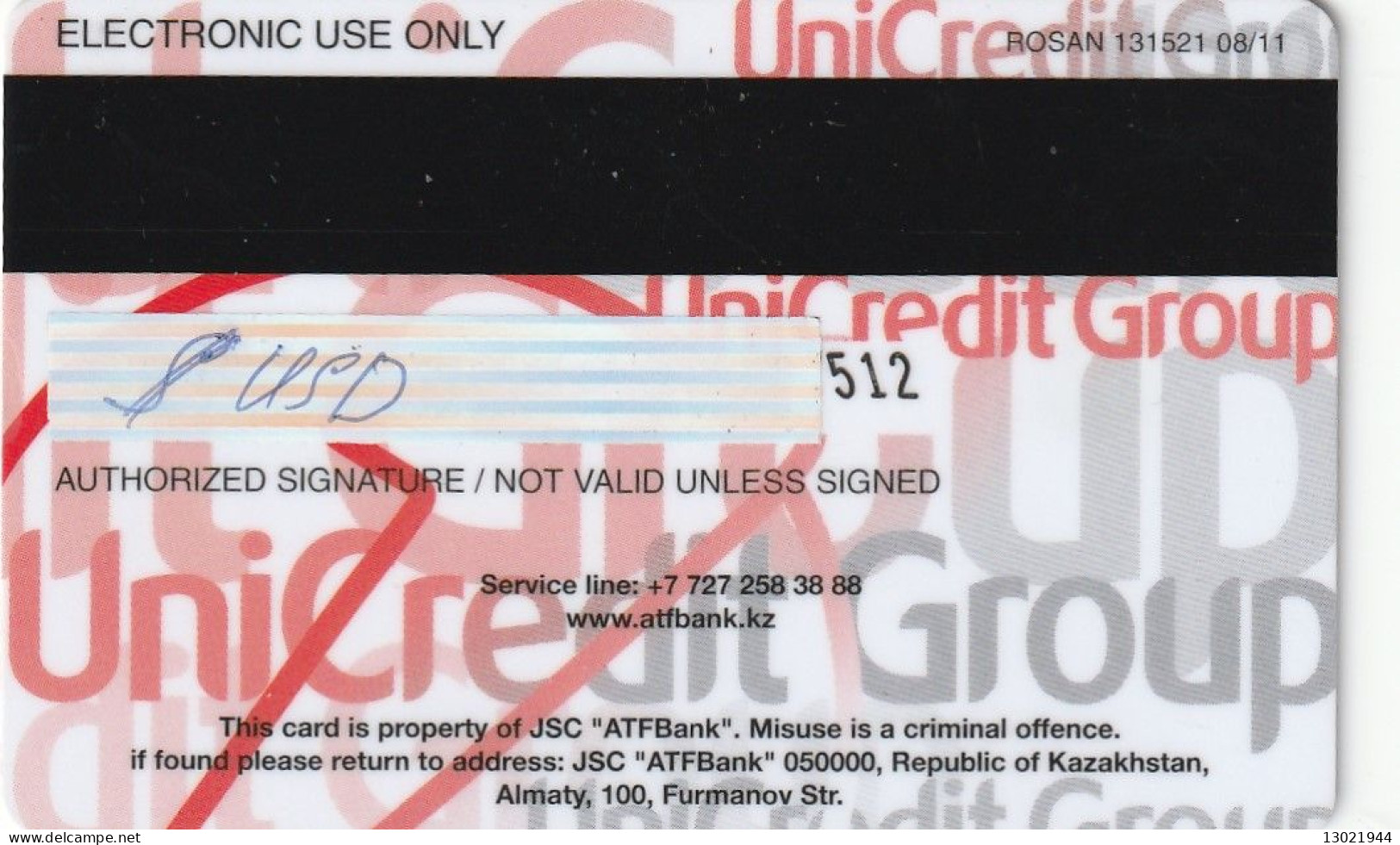 KAZAKISTAN  BANK CARD UNICREDIT - ATF Bank VISA ELECTRON - Credit Cards (Exp. Date Min. 10 Years)