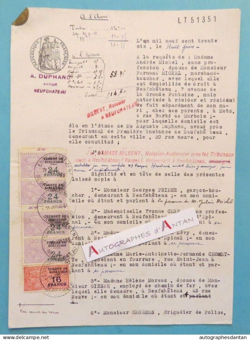● 4 Timbres Dimensions 24F N°113 Sur Document + N° 112 - Cote 112€ - 1936 - Neufchâteau (Vosges) - Duphand - Lettres & Documents