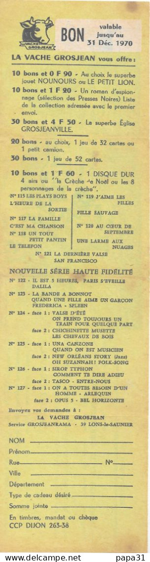 BON  De LA VACHE GROSJEAN   1970 - Zonder Classificatie