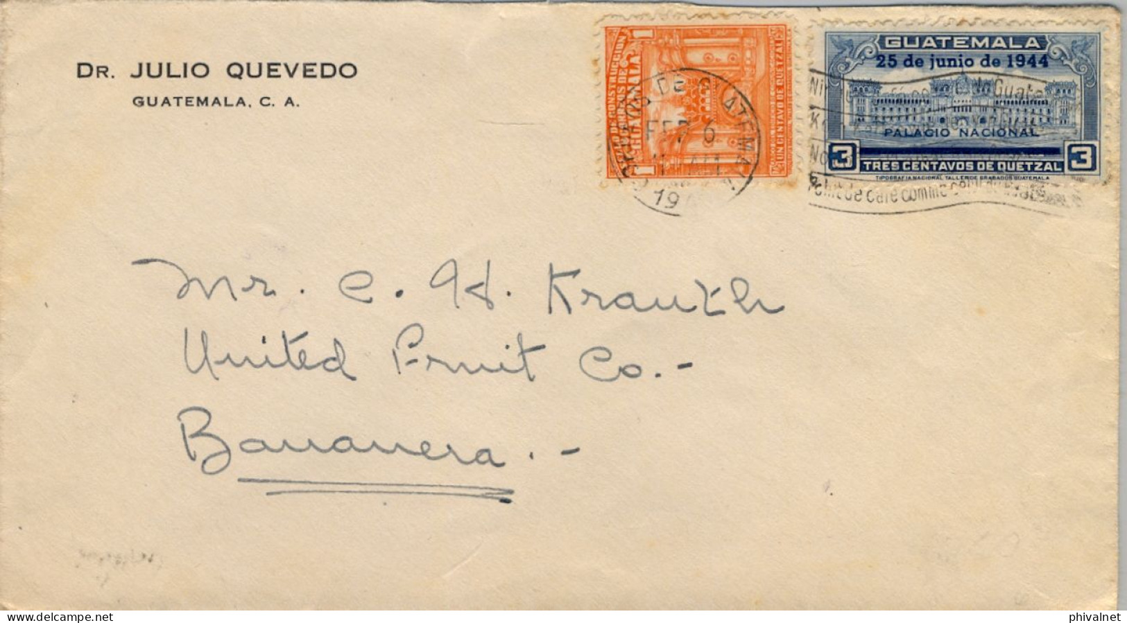 1944 GUATEMALA  - BANANERA ( COLOMBIA ) , SOBRE CIRCULADO - Guatemala