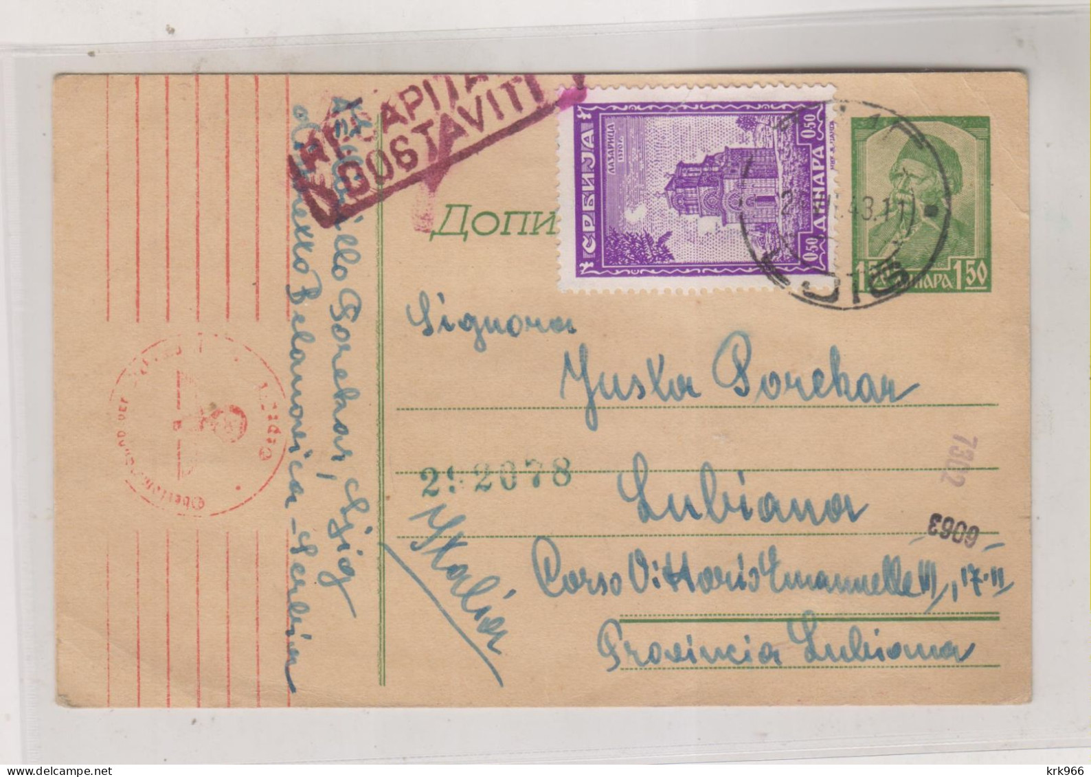 GERMANY WW II SERBIA 1943 LJIG  Censored   Postal Stationery  To SLOVENIA ITALY - Occupation 1938-45