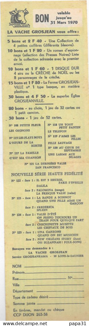 BON  De LA VACHE GROSJEAN   1970 - Zonder Classificatie