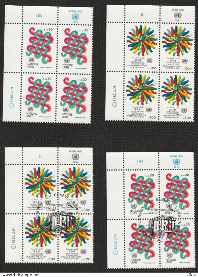 Nations Unies / Genève : N°103/104 :  4 Blocs De 4 Timbres Chacun -  Dont 2 Avec Oblitération 1er Jour - Année 1982 - Unused Stamps
