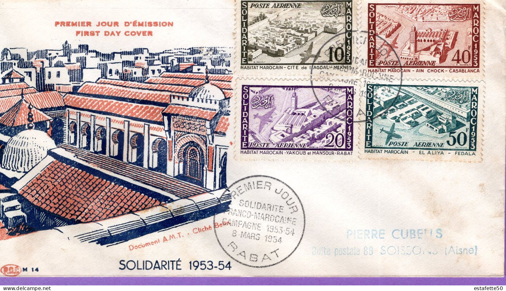 Maroc, FDC 1er Jour; 1954 ,TP PA N°94 à 97 " Solidarité 54 " Rabat;Morocco,Marruecos - Cartas & Documentos