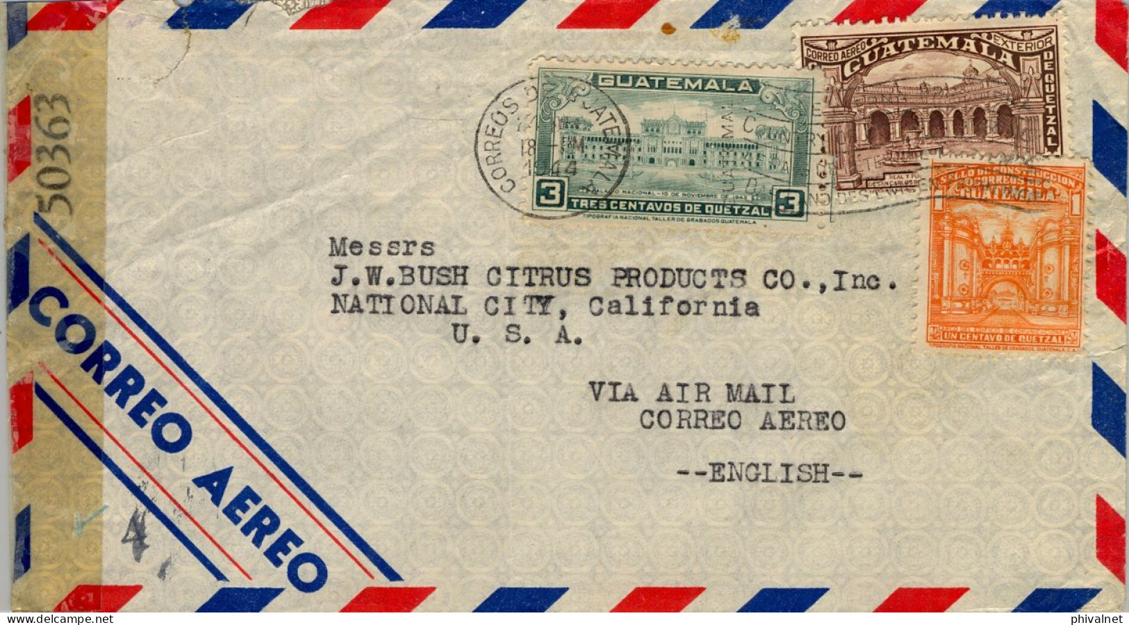 1944 GUATEMALA  - CALIFORNIA , SOBRE CIRCULADO , CORREO AÉREO , BANDA DE CIERRE DE CENSURA - Guatemala