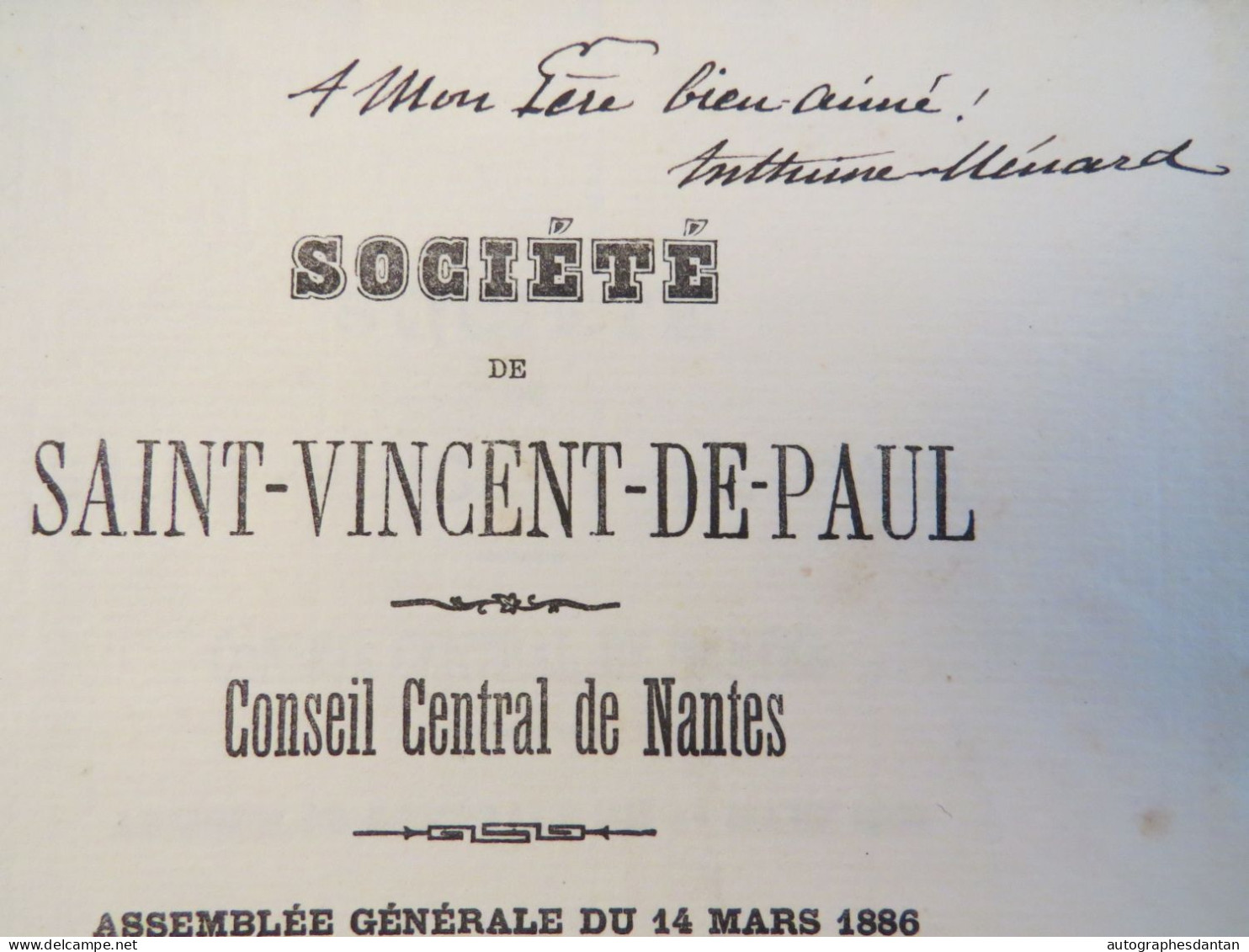 ● 1886 - Société Saint Vincent De Paul - Dédicace Autographe Anthime Ménard Député - NANTES - 1801-1900