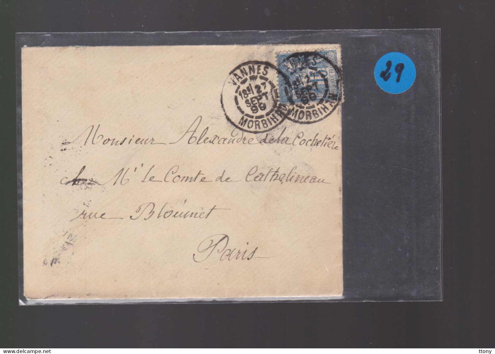 Un Timbre 15 C Type Sage   Sur Enveloppe S.C 1899   Destination  Paris Comte De Cathelineau - 1877-1920: Période Semi Moderne