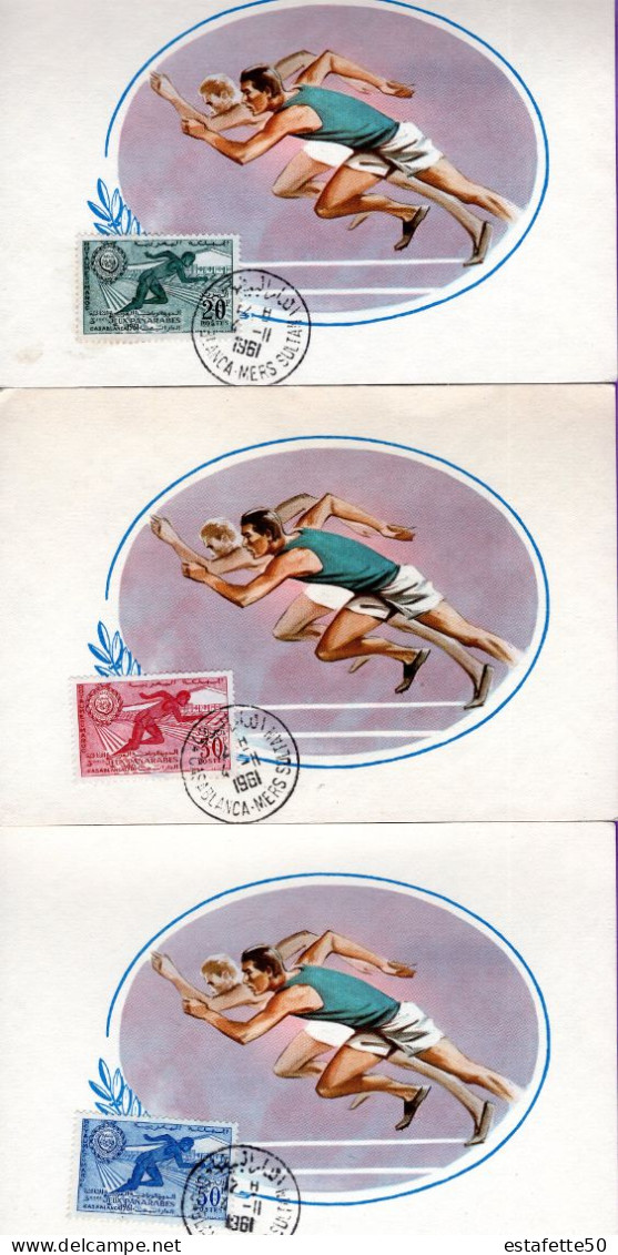 Maroc,FDC 1er Jour;1961; 3 Cartes Maximum TP N°421,422,423;sports "3èmes Jeux Panarabes, Casablanca  "Morocco,Marruecos - Morocco (1956-...)