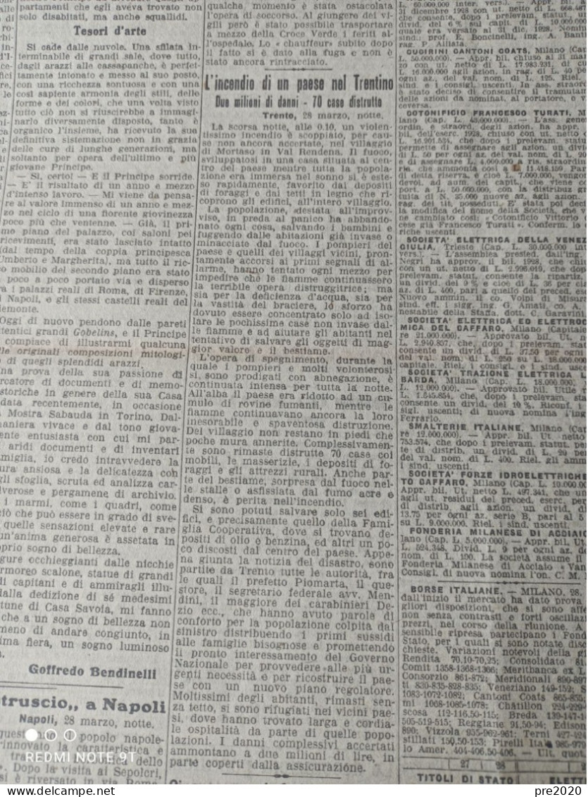 CORRIERE DELLA SERA 29/3/1929 MORTASO VAL RENDENA TERNI - Autres & Non Classés