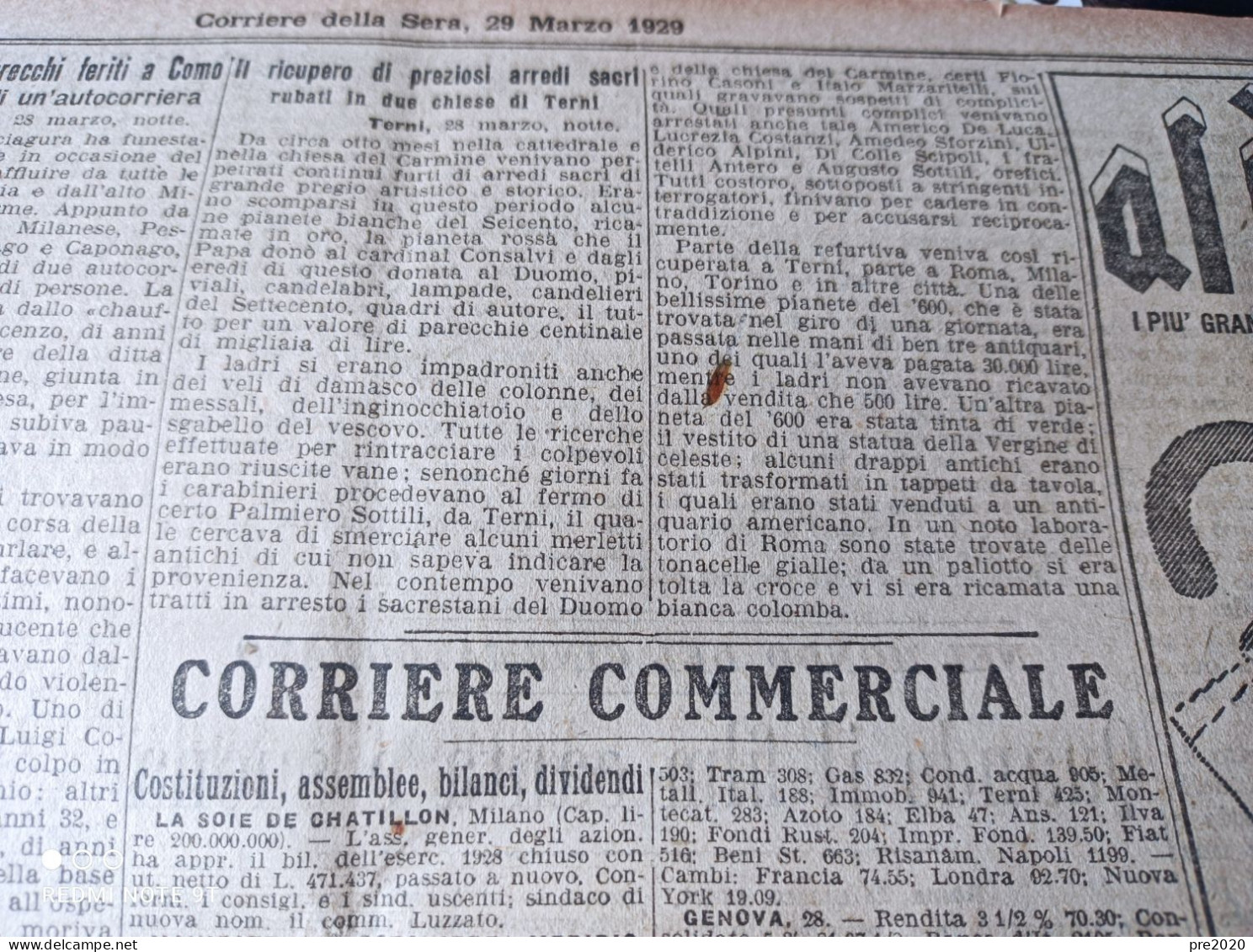 CORRIERE DELLA SERA 29/3/1929 MORTASO VAL RENDENA TERNI - Autres & Non Classés