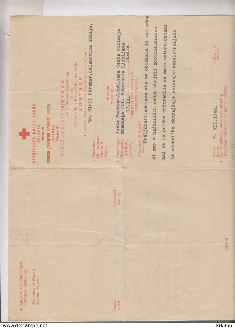 SERBIA, GERMANY WW II BEOGRAD 1942 RED CROSS Nice Postcard To SLOVENIA ITALY - Occupation 1938-45