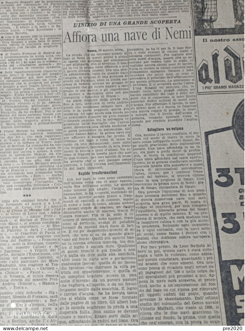 CORRIERE DELLA SERA 1929 ORZINUOVI LAGO DI NEMI NAVI DI CALIGOLA - Andere & Zonder Classificatie