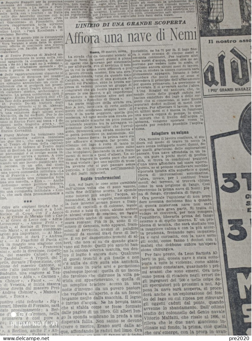 CORRIERE DELLA SERA 1929 ORZINUOVI LAGO DI NEMI NAVI DI CALIGOLA - Other & Unclassified