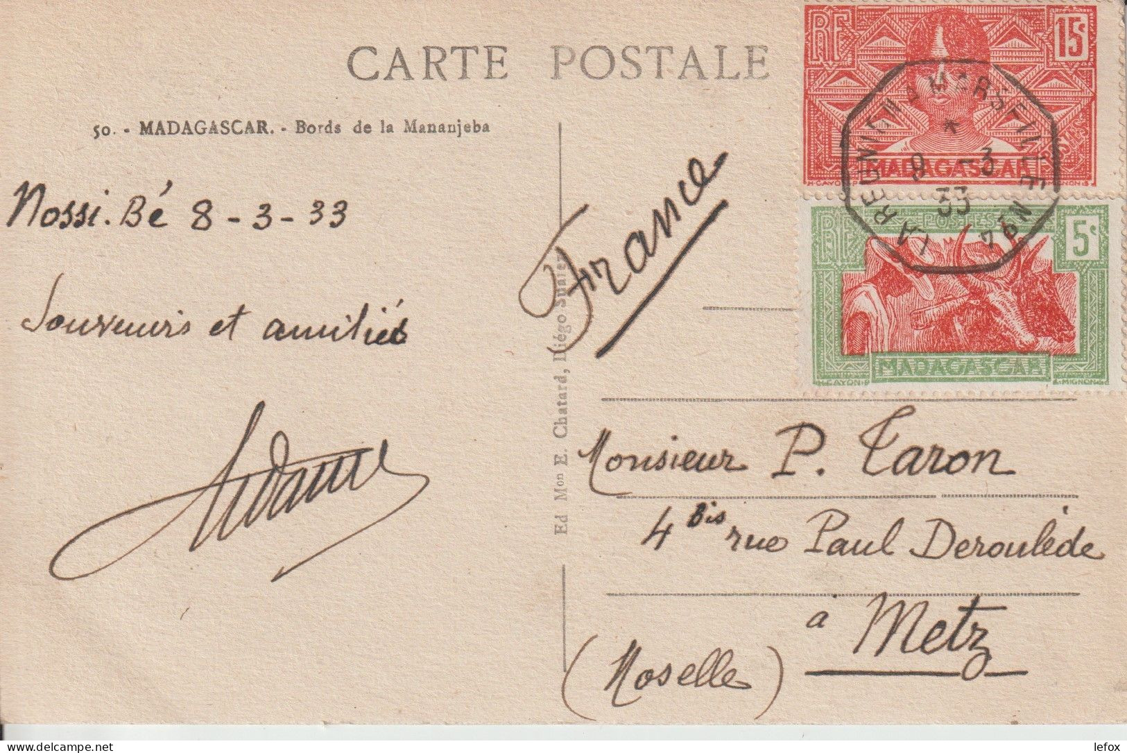 CARTE DE NOSSI BE OBLITERATION  REUNION A MARSEILLE 1933 DEUX SCANS - Storia Postale